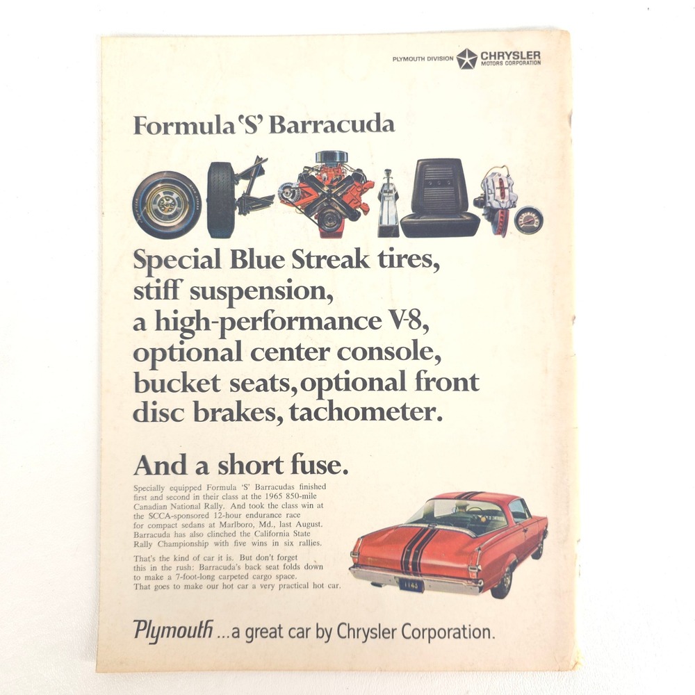 Vintage Plymouth Formula S Barracuda Print Ad Muscle Car Racing Collector Decor